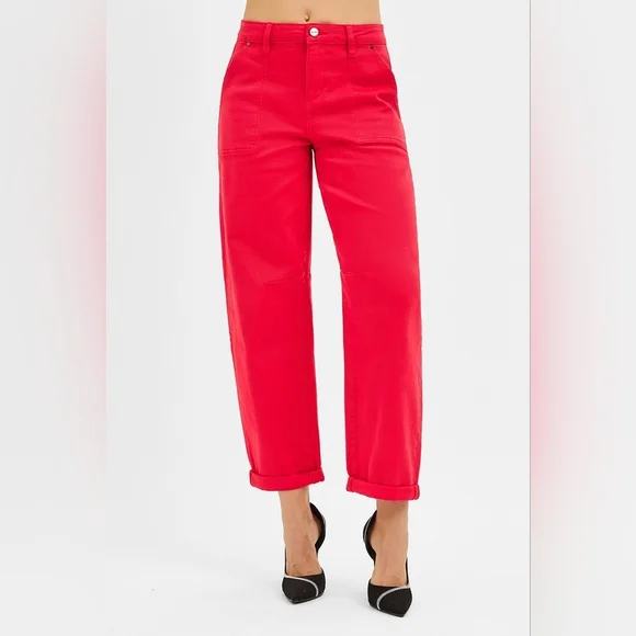 Risen High Rise Ankle Cuffed Barrel Jeans Scarlet Red Stretch Various NEW Ankle & Cropped